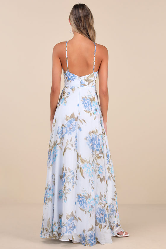 Romantic Marvel Light Pink Floral Print Halter Neck Maxi Dress