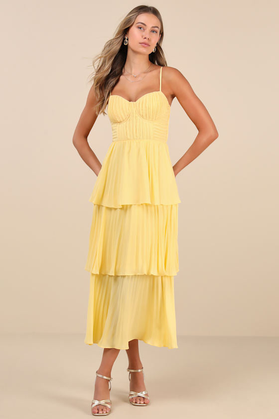 Cascading Crush Blush Pink Tiered Bustier Midi Dress