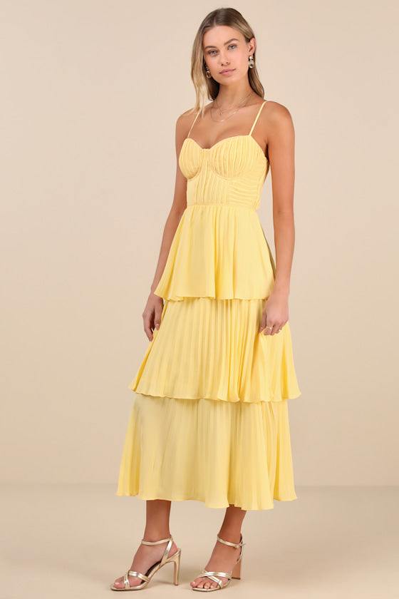 Cascading Crush Black Tiered Bustier Midi Dress