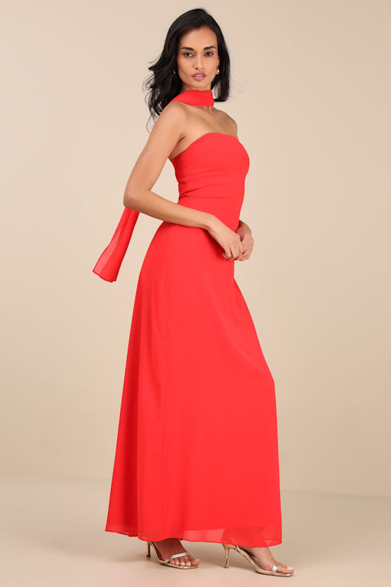 Rawya Orange Floral Strapless Maxi Dress and Scarf Set