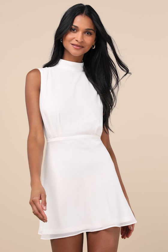 Classic Elegance Blue Floral Sleeveless Mock Neck Mini Dress