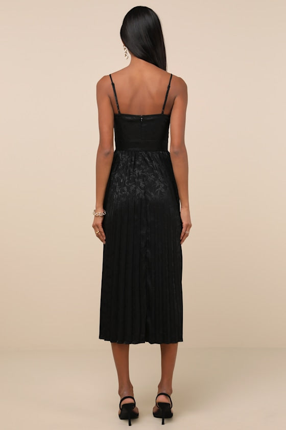 Regal Romance Emerald Floral Jacquard Pleated Satin Midi Dress