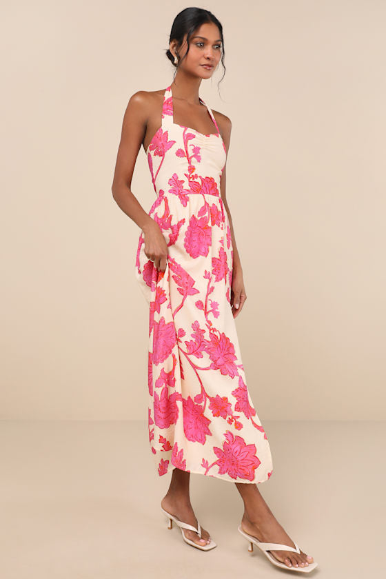 Layton Blue and Cream Floral Halter Maxi Dress