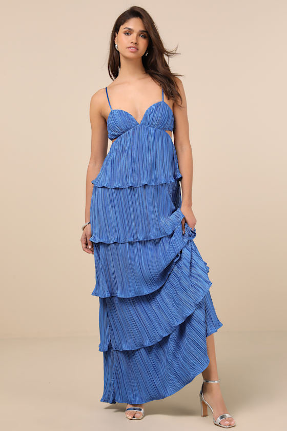 Kanya Gold Satin Plisse Tiered Maxi Dress