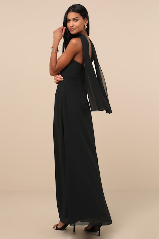 Rawya Black Floral Strapless Maxi Dress and Scarf Set
