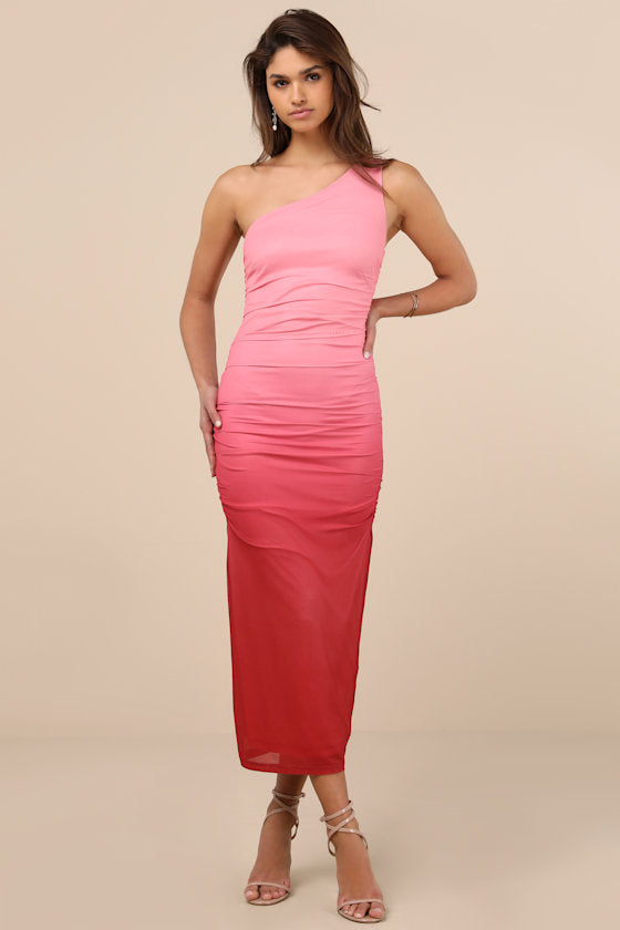 Beautiful Perception Blue Ombre One-Shoulder Mesh Midi Dress