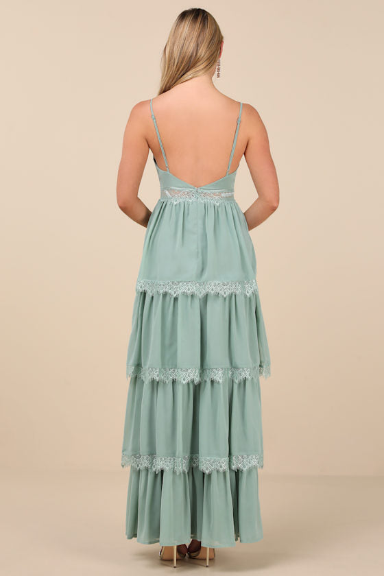 Reed Light Yellow Tiered Lace Maxi Dress