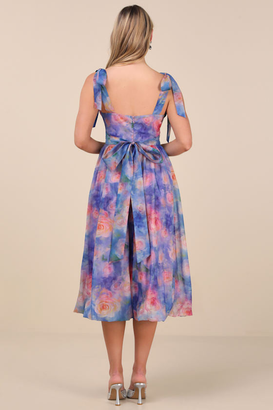 Flowering Day Dream Teal Blue Floral Organza Midi Bubble Dress
