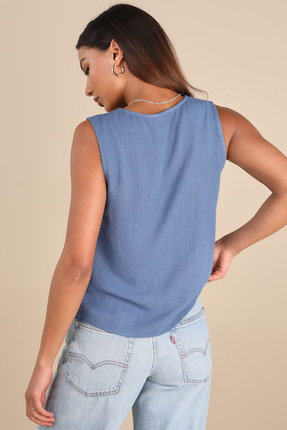 Casually Sophisticated Brown Linen Sleeveless Button-Front Top