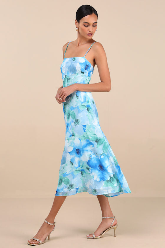 Radiant Feelings Navy and Pink Floral Chiffon Midi Dress