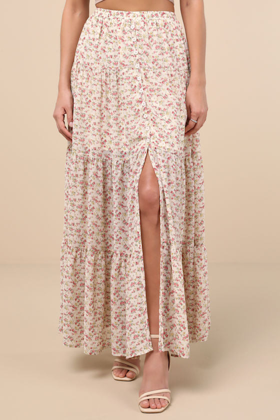 Subtle Sweetness Black Floral Print Tiered Maxi Skirt