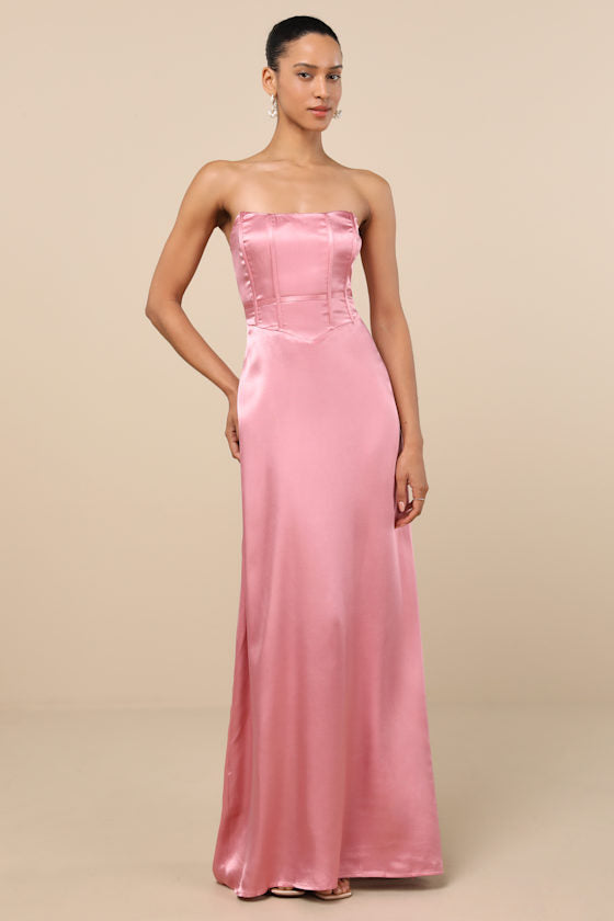 Extraordinary Presence Rust Brown Satin Strapless Maxi Dress