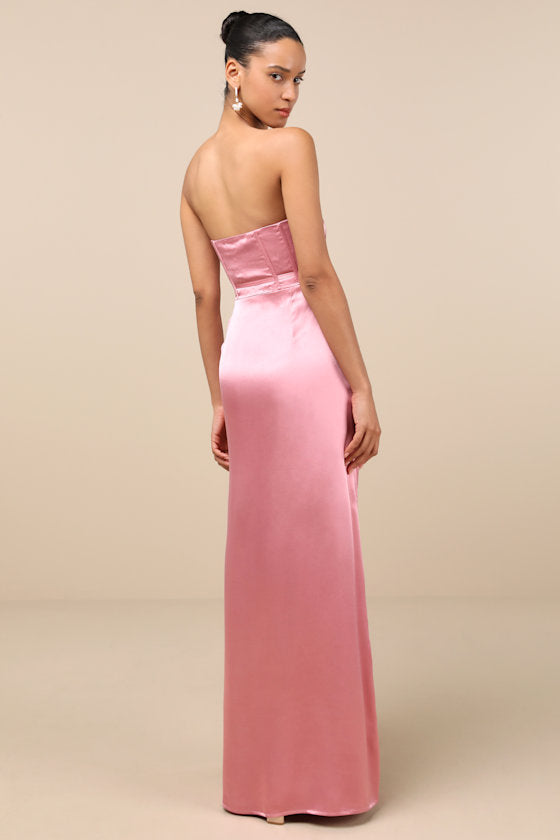 Extraordinary Presence Dark Green Satin Strapless Maxi Dress