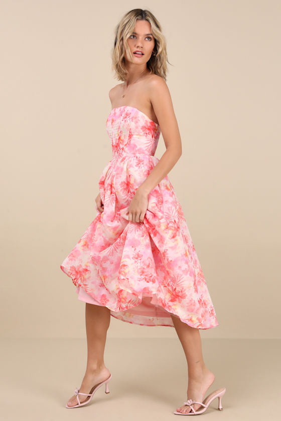Eulalia Light Blue Floral Lace-Up Strapless Bustier Midi Dress