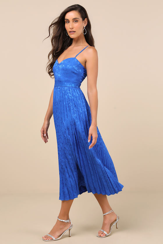 Regal Romance Sage Floral Jacquard Pleated Satin Midi Dress