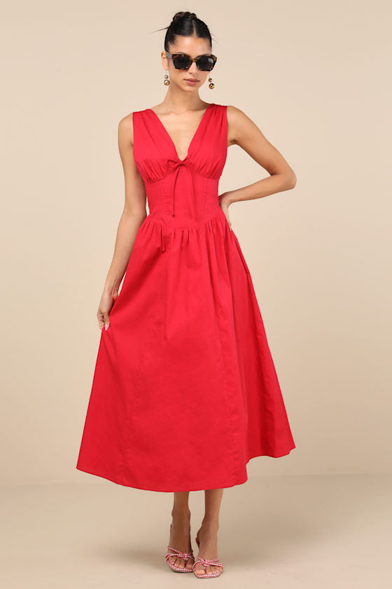 Lettie Navy Poplin Plunge Neck Midi Dress