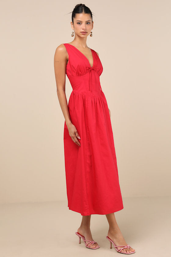 Lettie Navy Poplin Plunge Neck Midi Dress
