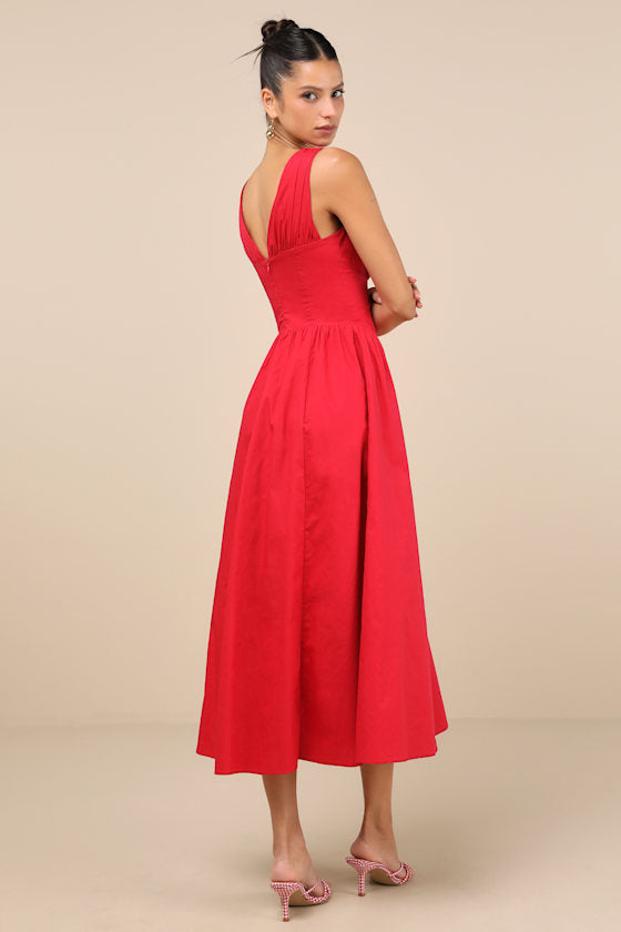 Lettie Navy Poplin Plunge Neck Midi Dress