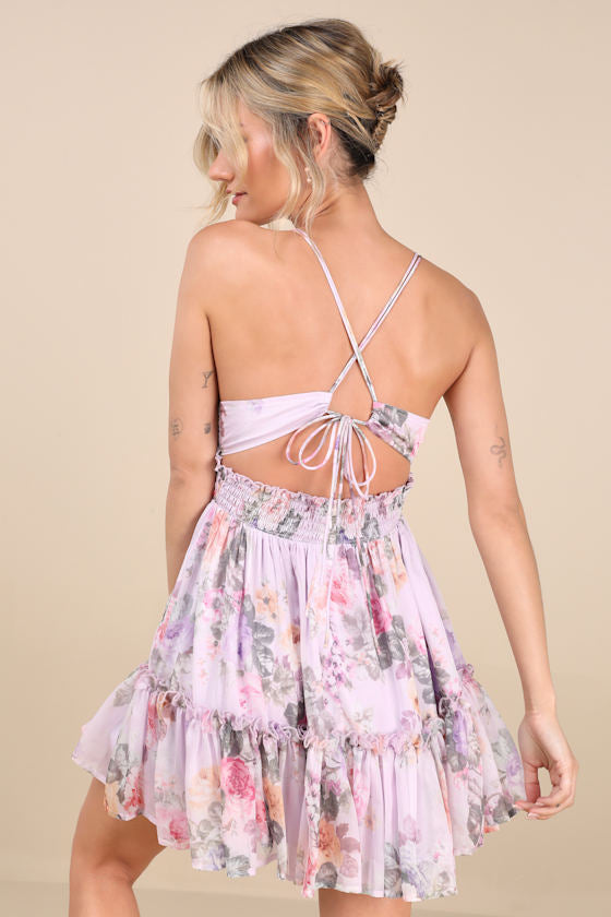 Signature Sweetie Light Blue Floral Smocked Tie-Back Mini Dress