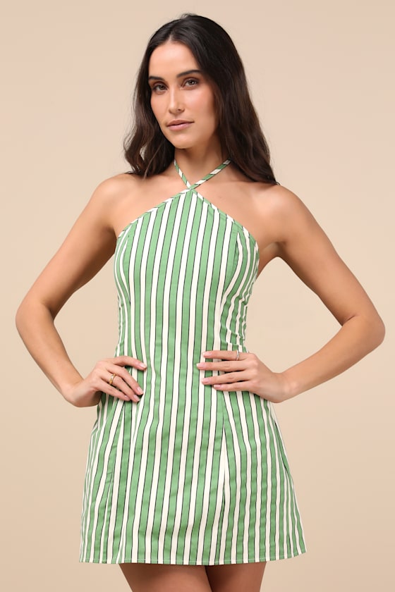 Madelia Tan Striped Halter Mini Dress