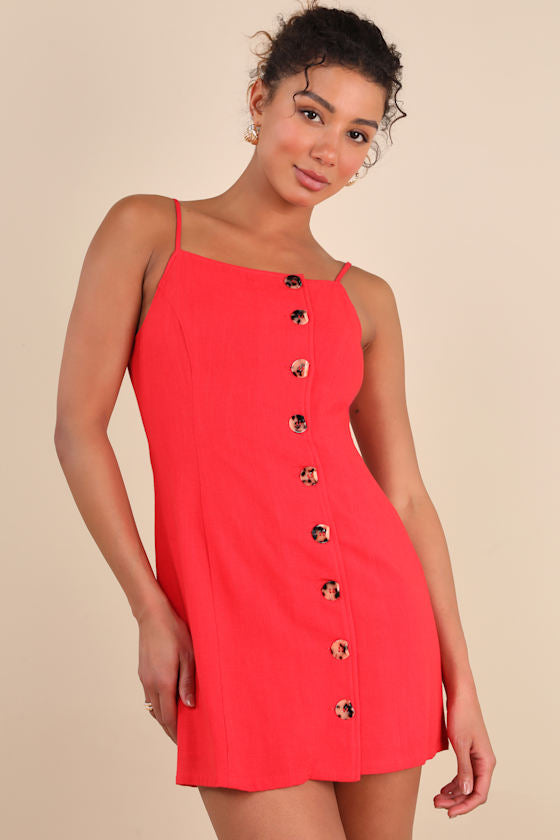 Chic Objective Light Beige Button-Front Mini Dress