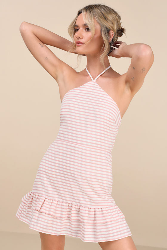 Corilie Blue and White Striped Halter Mini Dress