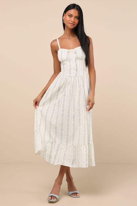 Odilie Pale Yellow Floral Lace Sleeveless Midi Dress