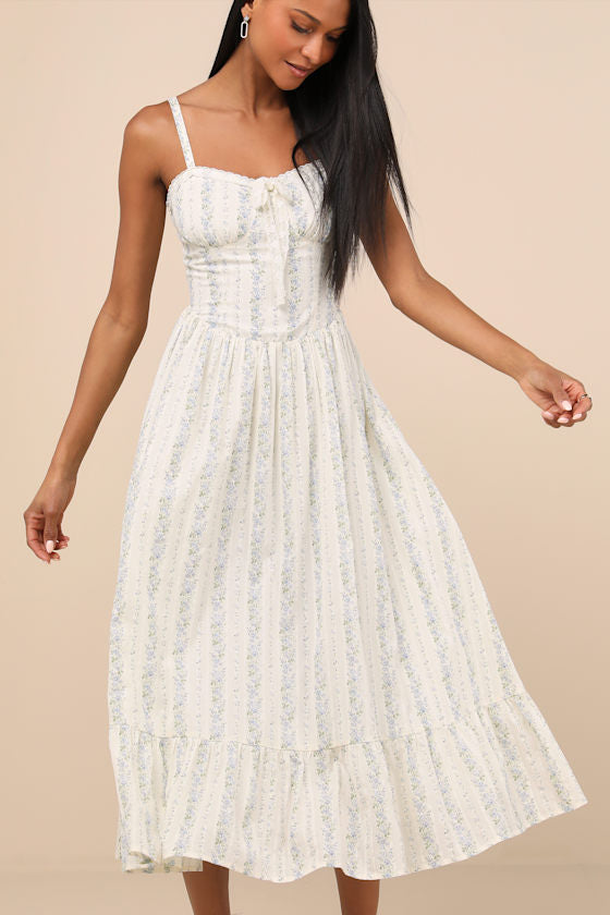 Odilie Pale Yellow Floral Lace Sleeveless Midi Dress