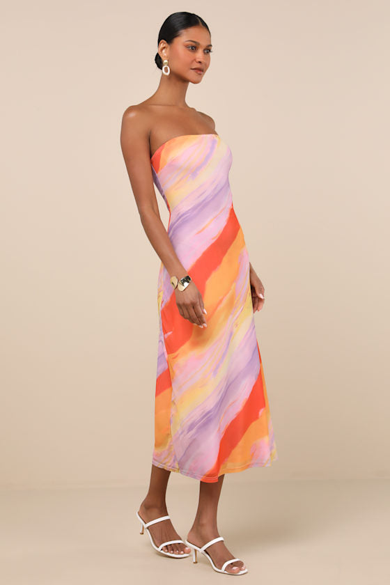 Jaylah Aqua Blue Floral Mesh Strapless Midi Dress