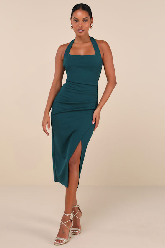 Prominent Charm Rust Brown Halter Bodycon Tulip Midi Dress