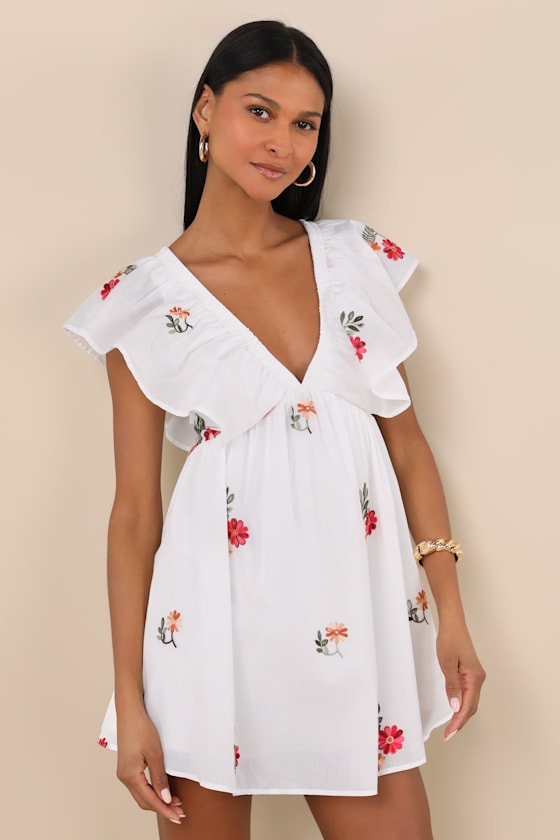 Kory Ivory Embroidered Flutter Sleeve Mini Dress