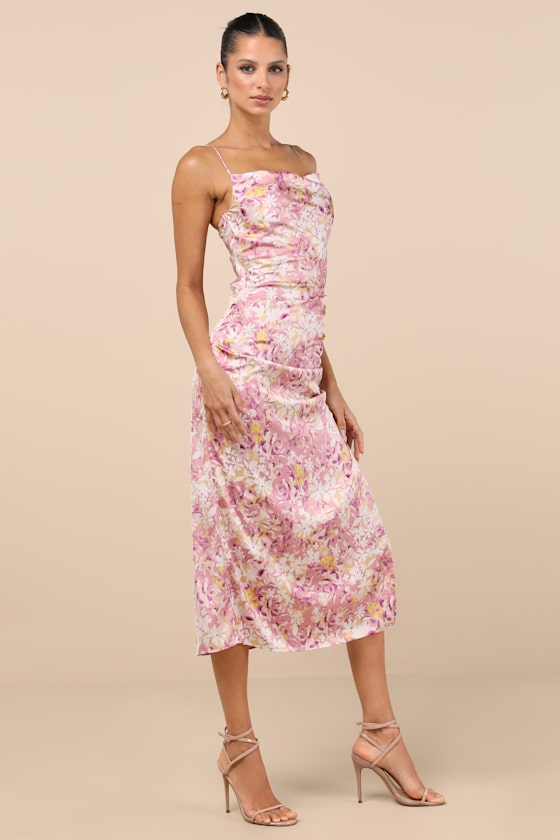 Truest Romance Slate Floral Print Sleeveless Ruched Midi Dress