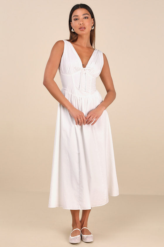Lettie Navy Poplin Plunge Neck Midi Dress