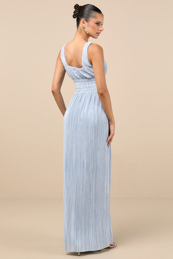 Ameena Navy Blue Plisse Square Neck Sash Maxi Dress