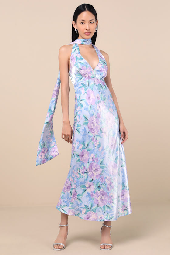 Malani Dark Teal Floral Satin Sash Midi Dress
