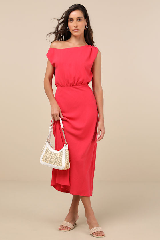 Casual Enchantment Orange Linen Off-the-Shoulder Midi Dress
