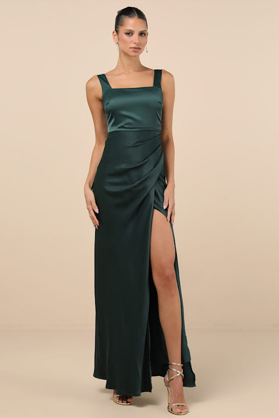 Red Carpet Romance Light Blue Satin Square Neck Maxi Dress