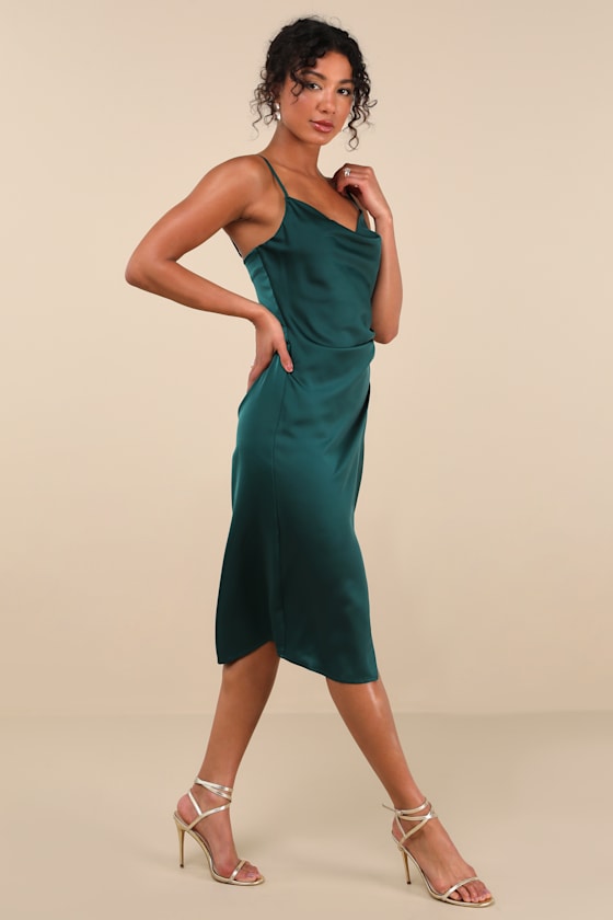 Hollywood Woman Forest Green Satin Midi Dress