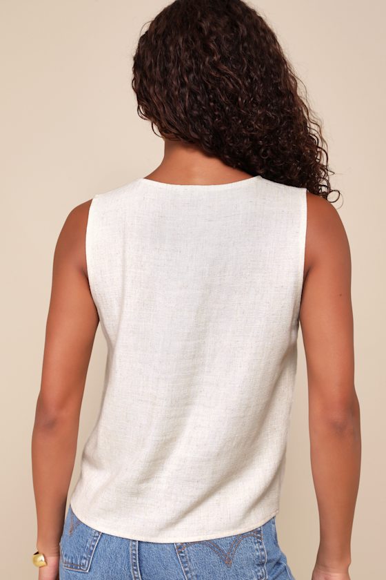 Casually Sophisticated Brown Linen Sleeveless Button-Front Top