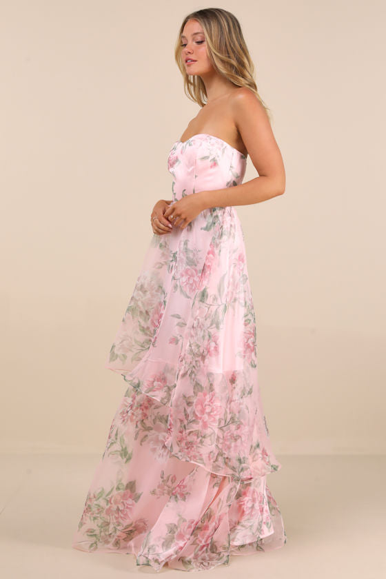 Truly Extraordinary Black Floral Organza Strapless Maxi Dress