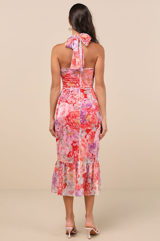 Juno Blue Multi Floral Halter Trumpet Midi Dress