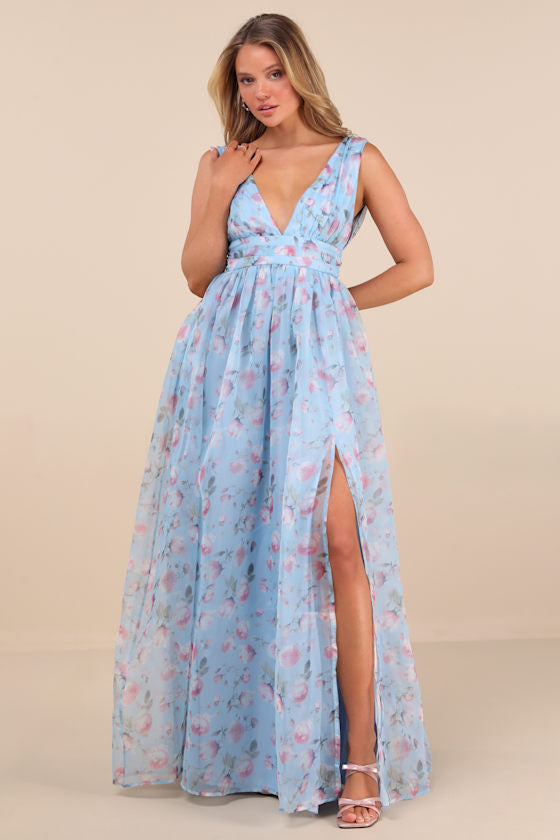 Garden Romance Magenta Floral Print Organza Maxi Dress