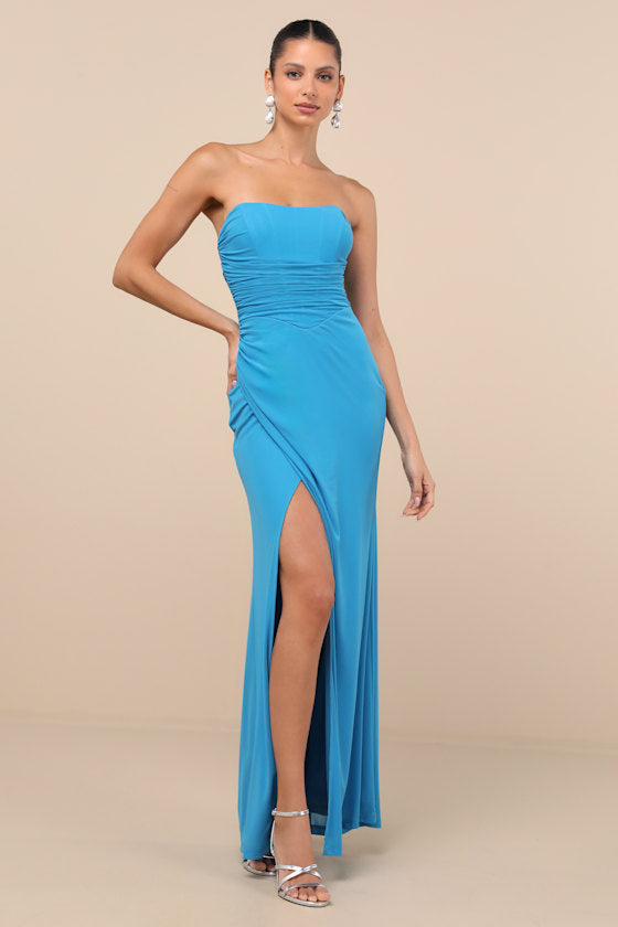 Epitome of Allure Purple Mesh Strapless Ruched Maxi Dress