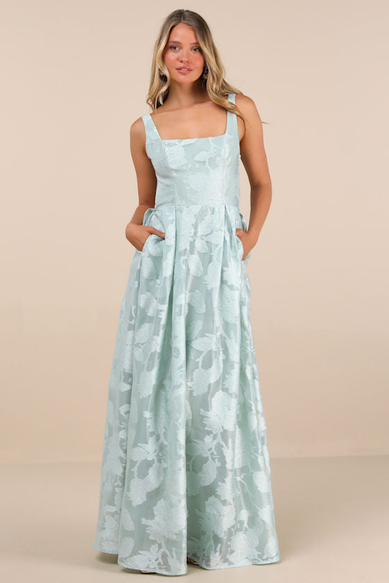 Perfected Aura Navy Jacquard Tie-Back Maxi Dress with Pockets