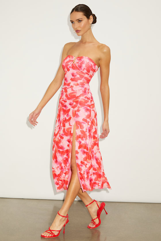 Chania Blue Abstract Strapless Midi Dess