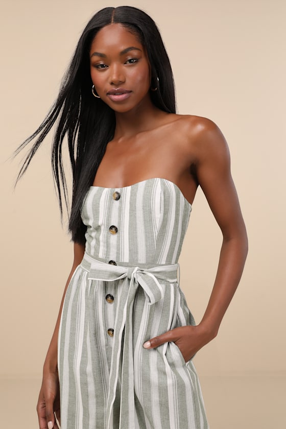 Sunny Day Classic Blue and White Striped Strapless Jumpsuit