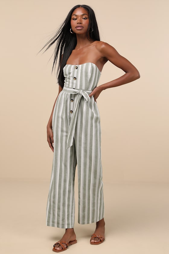 Sunny Day Classic Blue and White Striped Strapless Jumpsuit