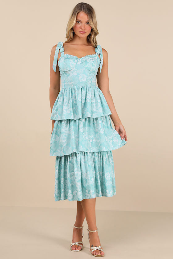 Lovely Bliss Blue Floral Jacquard Strapless Bustier Midi Dress
