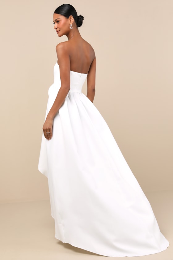 Emiliana White 3D Rosette Strapless High-Low Maxi Dress