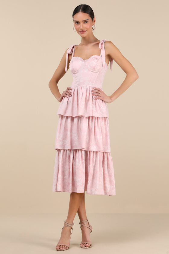 Lovely Bliss Blue Floral Jacquard Strapless Bustier Midi Dress